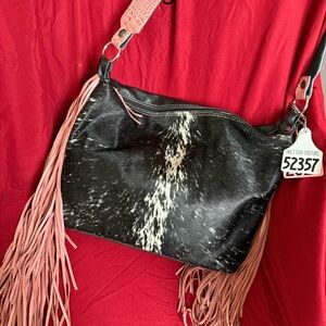 Holy Cow Large Designer $385 Pink Fringe  Black and White beautiful Hide Bag